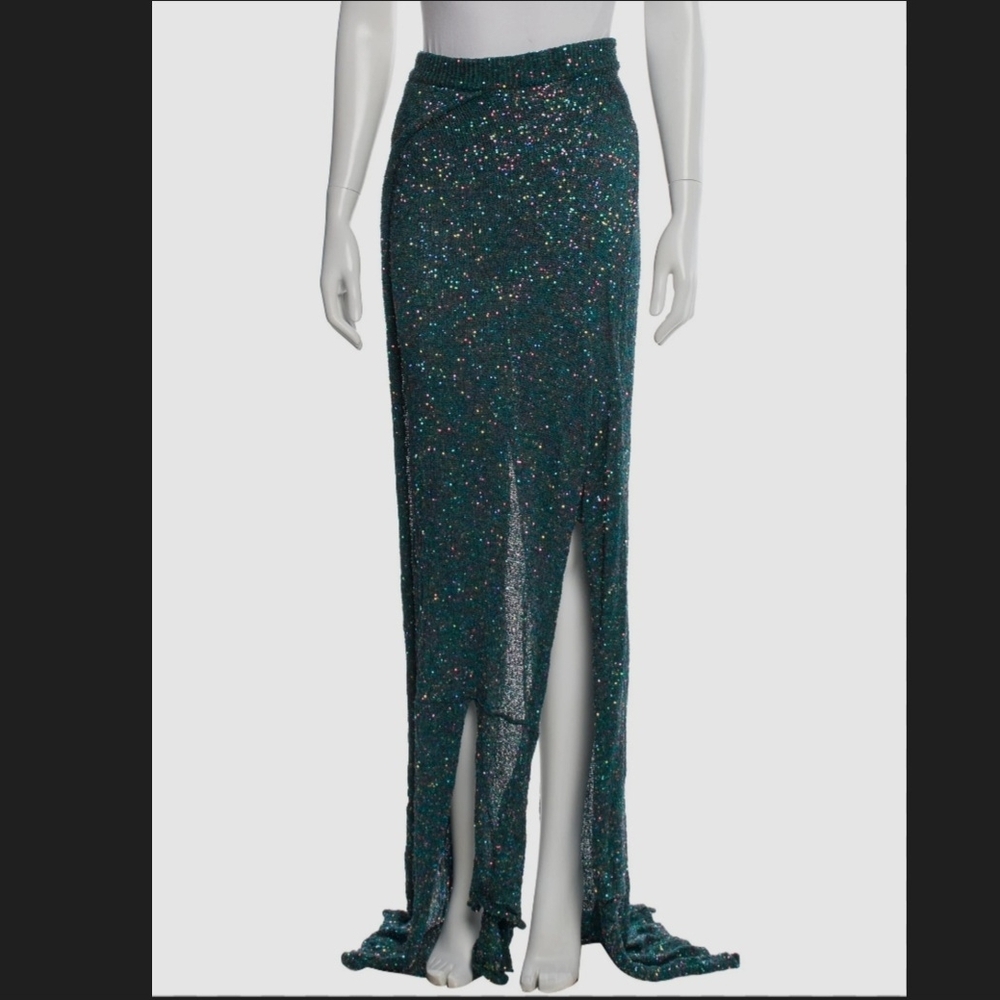 Loewe Sparkling Teal Sequin Maxi Skirt with Front Slit